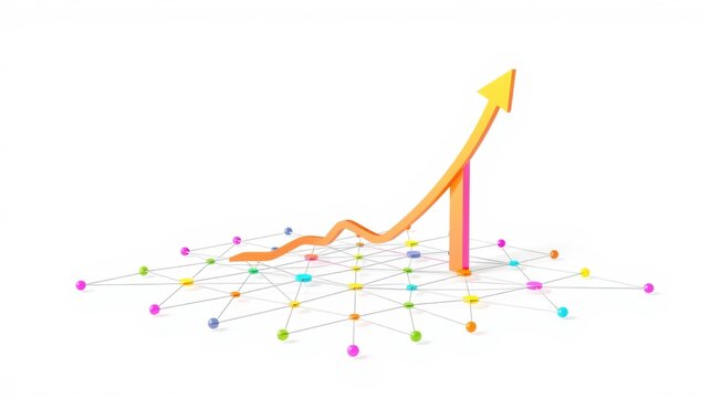 Growth depicted via network connections. Rising arrow symbolizes progress, success, positive trend. Colorful dots represent data points.