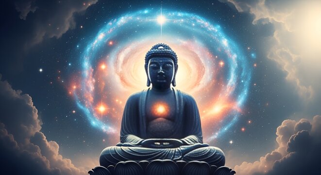 Cosmic Buddha meditating, Lotus position buddha on left with a magenta glow against a wide dark starry night