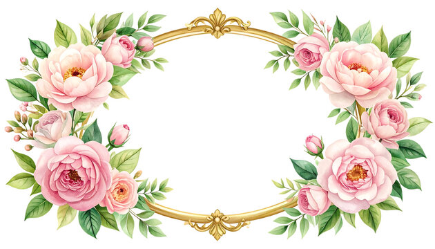 Elegant watercolor blush pink floral and vintage gold oval frame