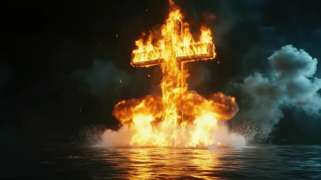 Fiery cross blaze on water amidst dark smoke. Easter, Pascha, Paskha, Ostern, Pascua, Paques - Orthodox and Catholic Holiday celebration