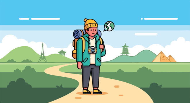 A traveler with a backpack and camera imagines the world