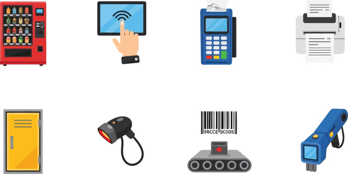 Collection of flat design icons representing modern technology and services including a vending machine touchscreen POS terminal printer locker scanner and conveyor belt