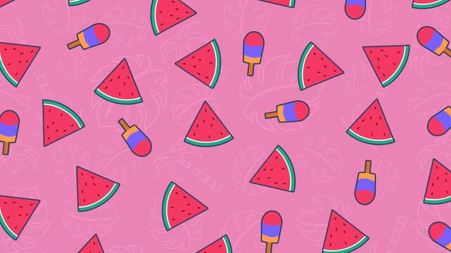 Summer Pattern Theme &ndash; Looping 4K animation of playful watermelon slices and popsicles on a pink tropical backdrop, forming a seamless vibrant pattern ideal for seasonal promos and backgrounds.