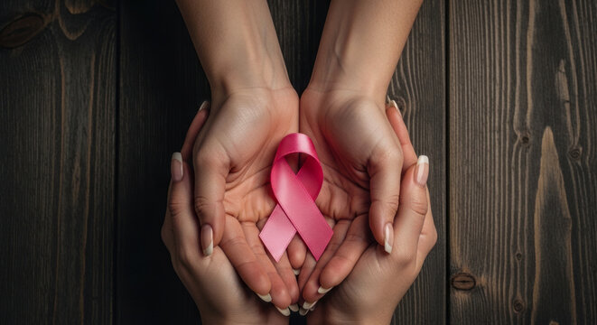 Hands holding a pink breast cancer awareness ribbon