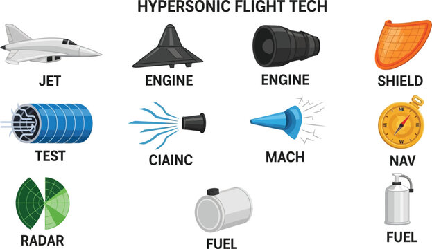 Hypersonic flight technology icons including jet engine shield radar and fuel components for aerospace innovation and defense concepts isolated on white