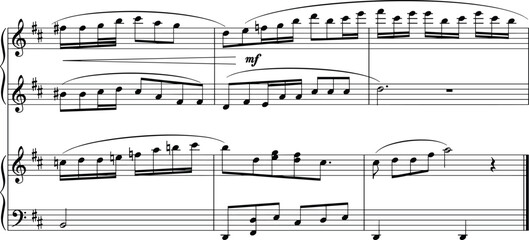 Classical piano sheet music notation with treble and bass clef staffs, flat vector illustration for melody composition score and musical education design © MdMehedi