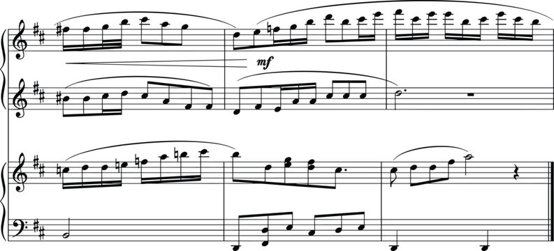 Classical piano sheet music notation with treble and bass clef staffs, flat vector illustration for melody composition score and musical education design