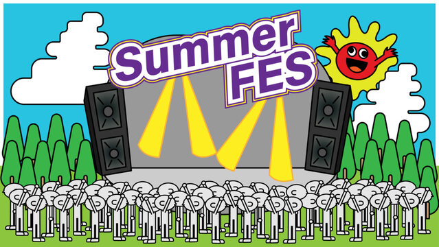 夏フェスのステージと観客のイラスト・音楽イベントを表現したポップなデザイン素材