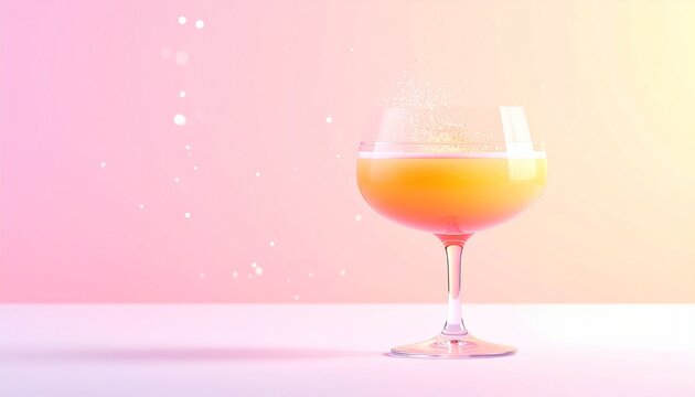 Modern cocktail glass with orange pink gradient liquid and dreamy sparkle atmosphere