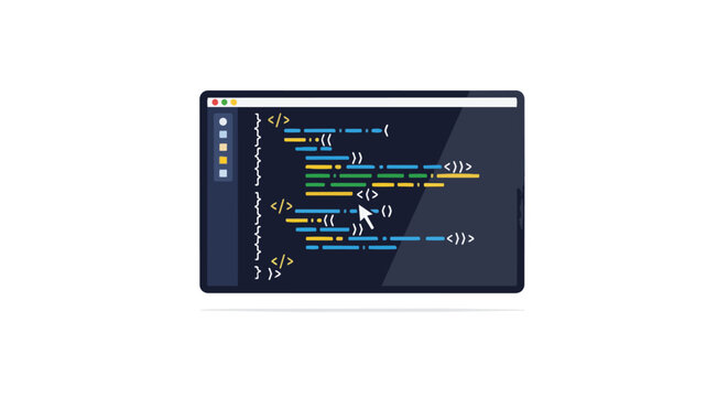 Flat design showing programming code on a monitor screen with syntax highlighting and a visible cursor, representing active software development and