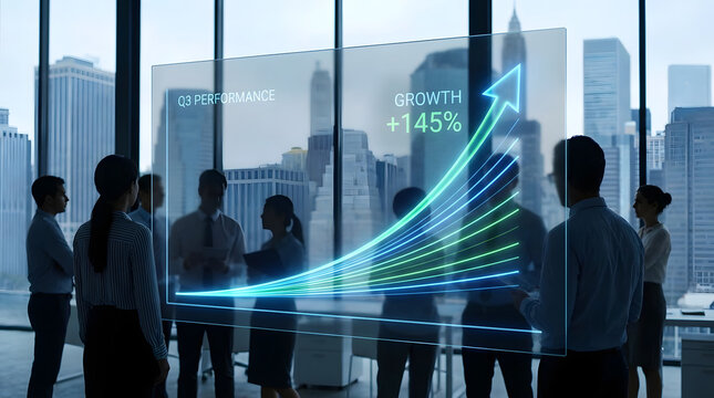 Business professionals observing a dynamic upward trending growth chart displayed on a large screen in a modern office with city skyline view