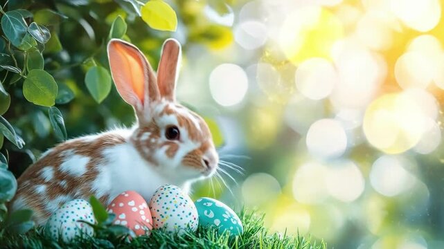 Cute rabbit with colorful easter eggs in sunny garden. Easter, Pascha, Paskha, Ostern, Pascua, Paques - Orthodox and Catholic Holiday celebration