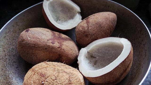 Kopra (dried coconut), a staple in Indian masalas like Goda and Malvani. Toasted and ground, it adds a rich, nutty depth and thickens gravies for dishes like Maharashtrian rassa or dry garlic chutneys