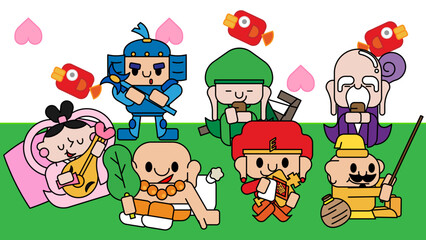 Fototapeta premium 七福神ポップイラスト｜縁起・開運・和風キャラクターセット
