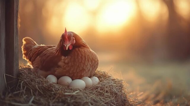Hen nesting at sunrise with eggs in rustic farm setting. Easter, Pascha, Paskha, Ostern, Pascua, Paques - Orthodox and Catholic Holiday celebration