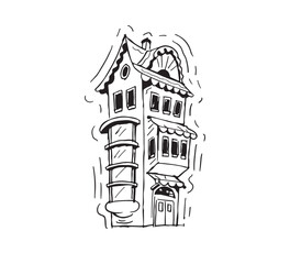Fototapeta premium Quirky hand-drawn illustration of a charming multi-story building featuring intricate architectural details, bay windows, and a distinctive vintage-inspired design