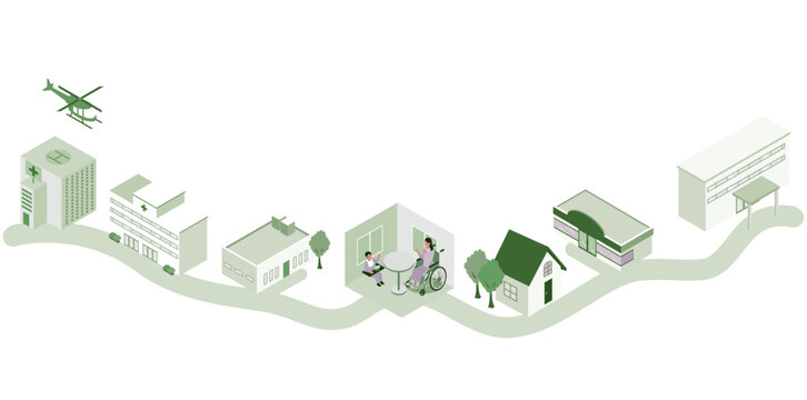 地域医療と在宅ケアの連携イメージ、病院から福祉・在宅支援までをつなぐアイソメトリックイラスト