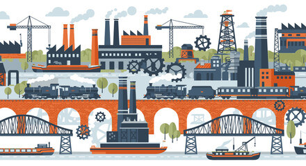 Naklejka premium Illustration of a cityscape with industrial buildings, bridges, and boats on a white background, featuring a mix of orange, blue, and gray colors.