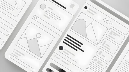 Fototapeta premium Wireframe mobile application screens showing user interface elements in a clean minimal layout
