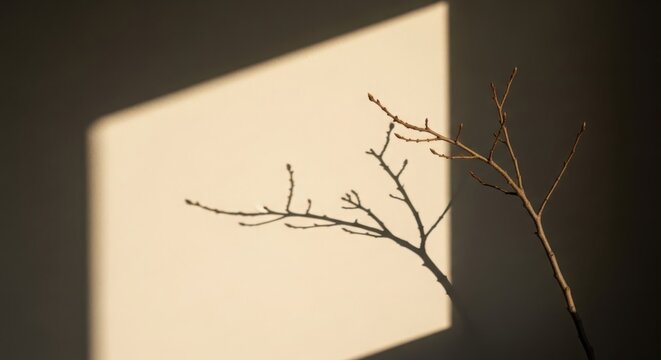Delicate bare tree branch casting a stark shadow across a plain wall in soft sunlight