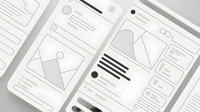 Wireframe mobile application screens showing user interface elements in a clean minimal layout