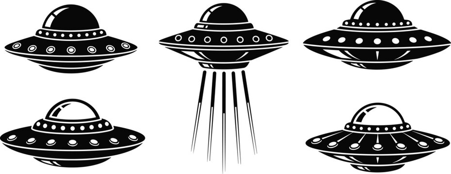 Flat vector illustration UFO set, flying saucer silhouettes, alien spacecraft icons, sci-fi extraterrestrial beam designs, black and white art