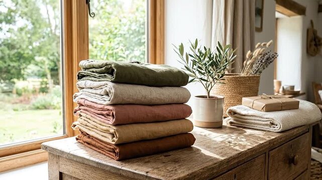 Linen capsule wardrobe stacked and folded rustic wooden dresser by window with potted plant wrapped gift natural light neutral earthy color cotton