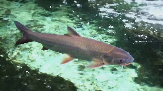 Freshwater fish with barbels swimming in clear river over green algae