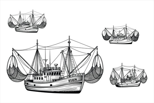 Fishing boat with net vintage sketch of ship