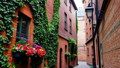 Obraz premium Narrow urban alley lined with red brick buildings, overflowing flower window boxes, climbing ivy and vintage street lanterns creating a cozy, romantic atmosphere and picturesque European-inspired sett