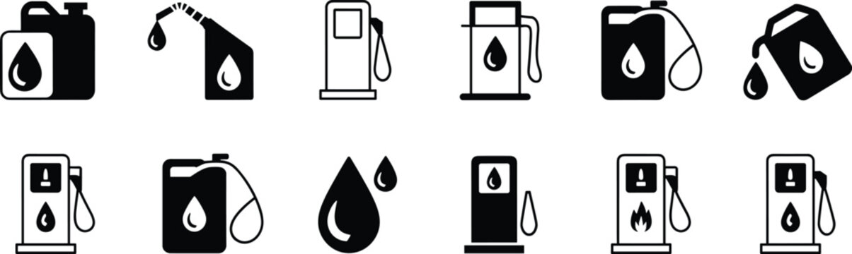 Twelve black-and-white fuel and oil icons featuring gas pumps, containers, oil drops, flames, and pouring fuel, symbolizing energy, refueling, petroleum, and flammability concepts.