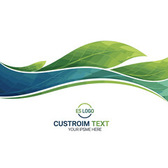 Abstract green leaves and blue waves forming a dynamic, flowing design on a white background with a logo and text placeholder. © Sekardewi
