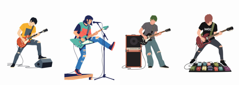 Flat illustration set of young diverse musicians performing with electric guitars, amplifiers, and microphones, capturing the energetic spirit of rock and roll music.