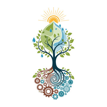 A stylized tree symbolizing the interconnectedness of nature and industry, with roots transforming into gears and the canopy representing water, earth, and sun.