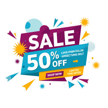 A vibrant, colorful sale banner with 50% off promotion, geometric shapes, stars, and a "shop now" button, indicating a limited time offer.