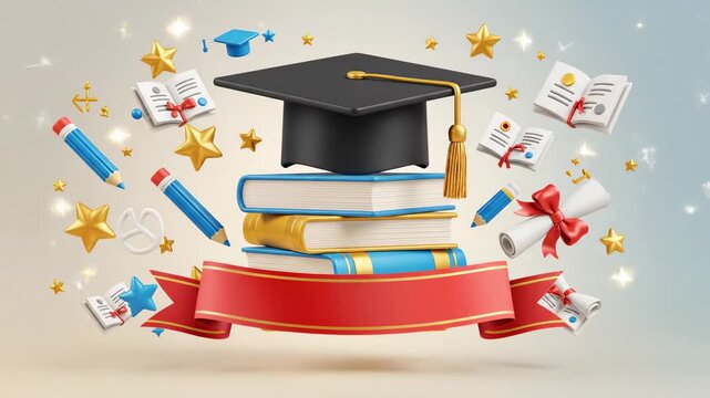 Graduation mortarboard on books with certificates and pencil 3d rendered academic achievement celebration background