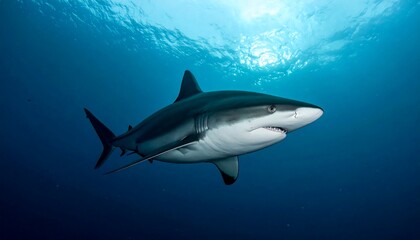 Fototapeta premium Majestic Oceanic Shark Gliding Through Deep Blue Water Under Sunlight