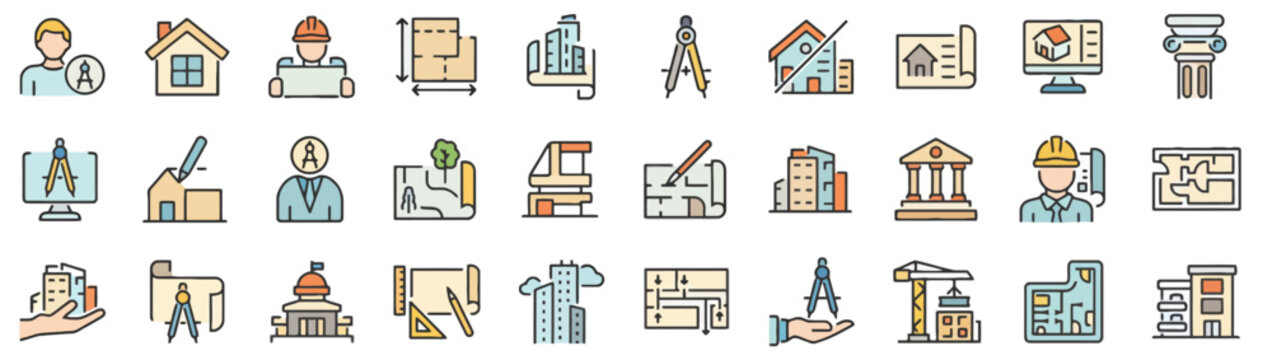 Comprehensive set of linear flat icons depicting architectural design, engineering processes, and construction management elements, ideal for building and planning projects