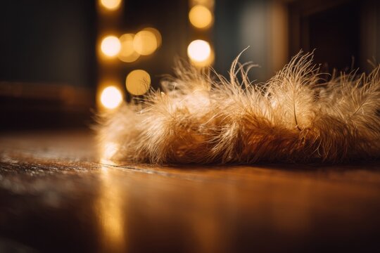 burlesque feather costume piece resting on theatre stage floor, delicate feather accessory with warm spotlight bokeh background, cabaret nightlife performance atmosphere