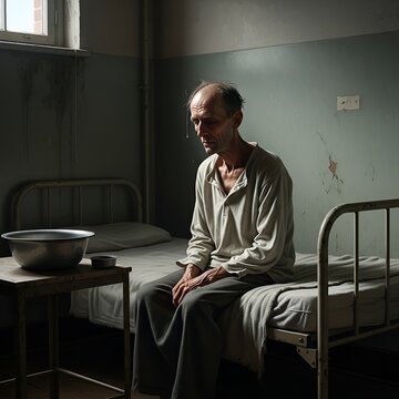 A frail, elderly man sits somberly on a bed in a desolate, dimly lit institutional room, embodying