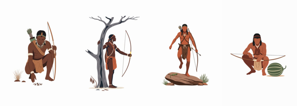 Flat vector illustration set of African San people hunters with bows and arrows tracking and hunting in the desert landscape on white background.