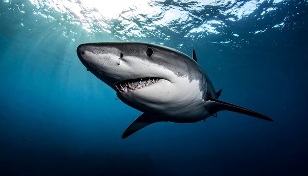 Majestic Great White Shark swims in clear blue ocean water with sun rays illuminating its powerful jaws and sharp teeth, a fearsome predator of the deep sea