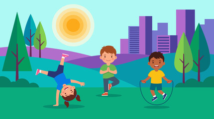 Obraz premium Three kids engaging in various fun activities like cartwheeling, yoga, and jumping rope in a vibrant park under the sun, showcasing joy and friendship.