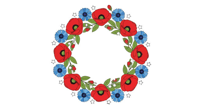 A vibrant circular floral wreath featuring red poppies and blue cornflowers
