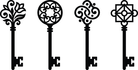 Ornate Vintage Skeleton Keys Vector Set ? Black Decorative Key Icons.eps © Designs