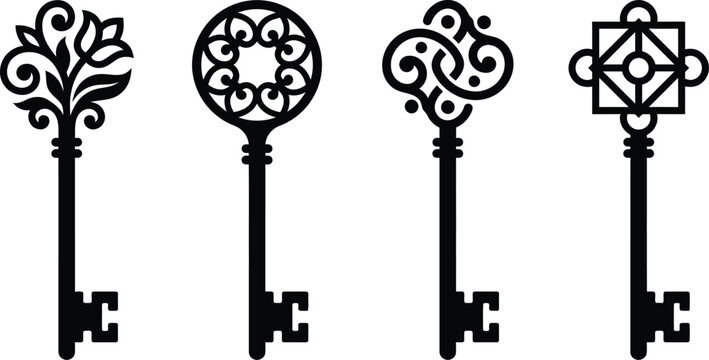 Ornate Vintage Skeleton Keys Vector Set ? Black Decorative Key Icons.eps