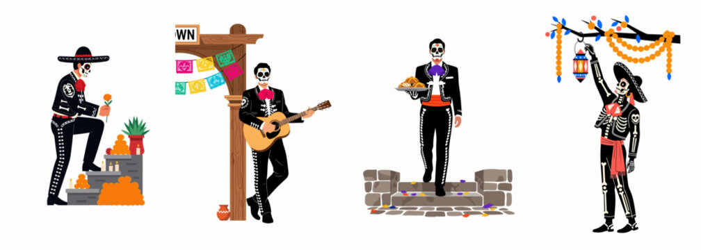 Set of Mexican men in traditional mariachi costumes with skull face paint celebrating Day of the Dead with altars, music, and decorations.