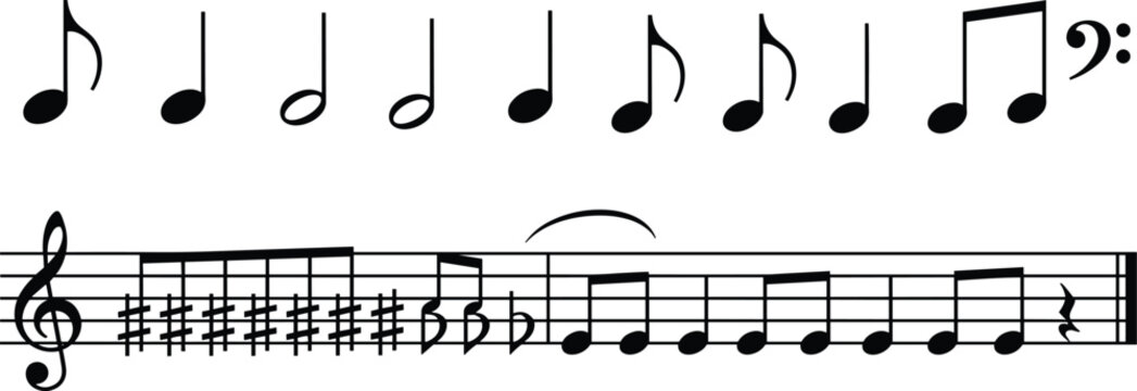 musical notation sheet, treble clef, bass clef, key signature, seven sharps, rhythm pattern, slur marking, rest symbol, flat vector illustration
