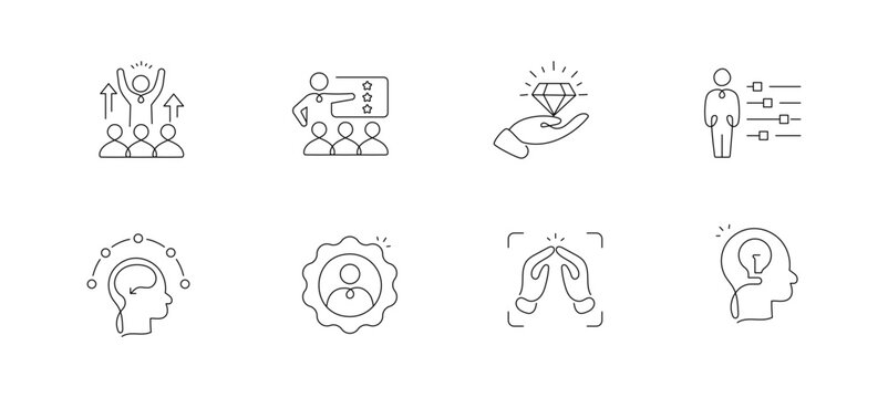 Leadership and Personal Development Icons Set, Coaching Mentorship Emotional Intelligence and Skill Growth Concepts for Business Training and Professional Development, Modern Line Icons.