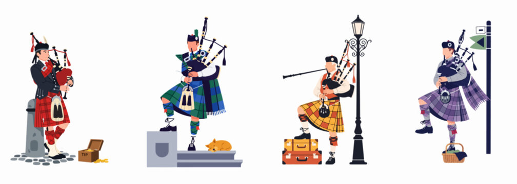 Set of flat vector illustrations of male Scottish bagpipers in traditional colorful kilts performing in various outdoor street settings
